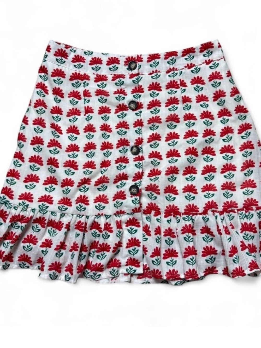 Miami button brown white and  red floral linen ruffle mini skirt